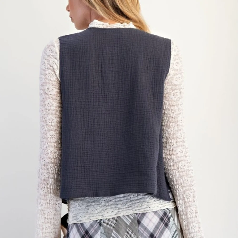 Easel Boho Embroidered Cotton Gauze Vest New